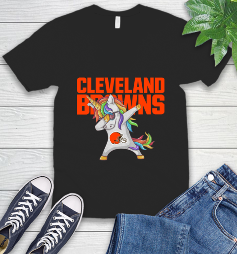 Cleveland Browns NFL Football Funny Unicorn Dabbing Sports V-Neck T-Shirt 2
