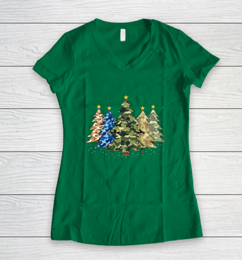 Camo Print Christmas Trees with Camouflage Print Xmas Women's V-Neck T-Shirt 3