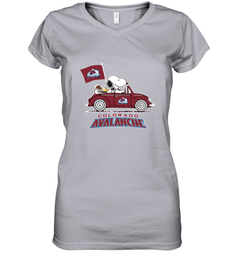 Snoopy And Woodstock Ride The Colorado Avalanche Car NHL Women's V-Neck T-Shirt
