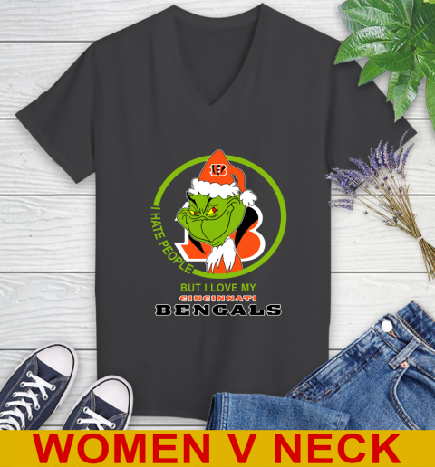 Cincinnati Bengals NFL Christmas Grinch I Hate People But I Love My Favorite Football Team Women's V-Neck T-Shirt 9