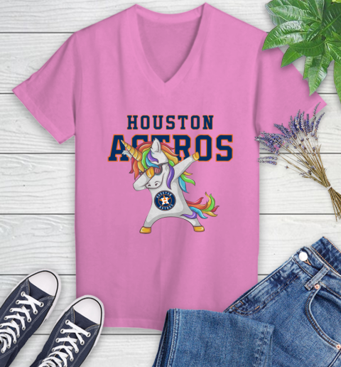 Houston Astros MLB Baseball Funny Unicorn Dabbing Sports Women's V-Neck T-Shirt 14