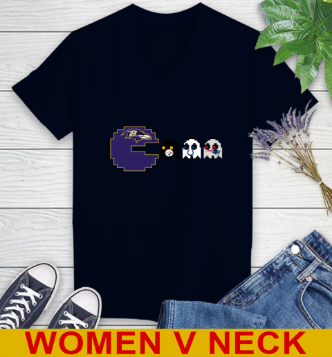 Baltimore Ravens NFL Football Pac Man Champion Women's V-Neck T-Shirt 3