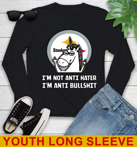Pittsburgh Steelers NFL Football Unicorn I'm Not Anti Hater I'm Anti Bullshit Youth Long Sleeve 2