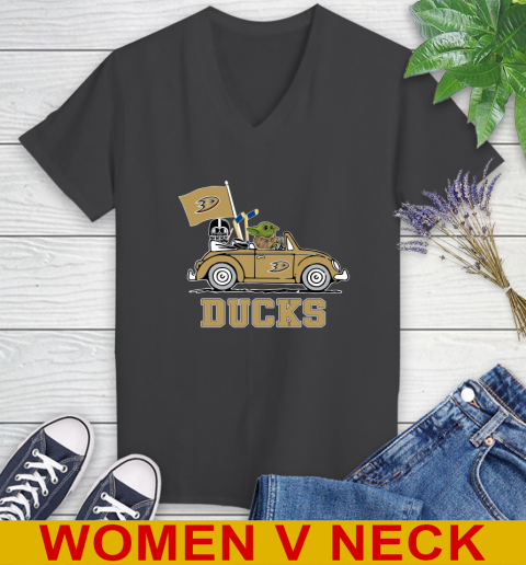 NHL Hockey Anaheim Ducks Darth Vader Baby Yoda Driving Star Wars Shirt Women's V-Neck T-Shirt 9