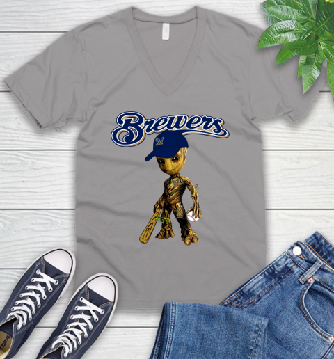 MLB Milwaukee Brewers Groot Guardians Of The Galaxy Baseball V-Neck T-Shirt 4