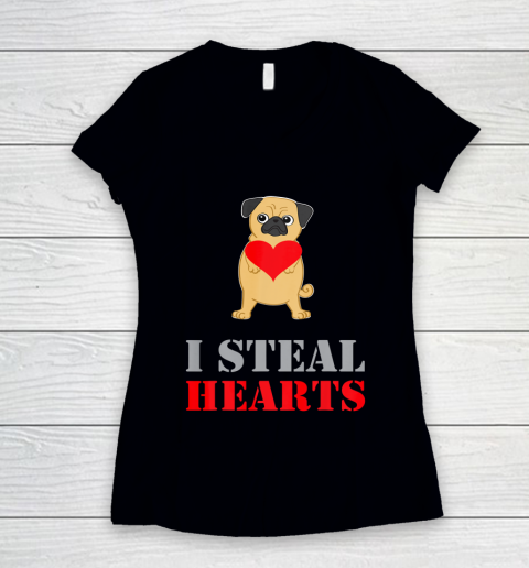 Pug Dog Valentine Shirt I Steal Hearts Women's V-Neck T-Shirt