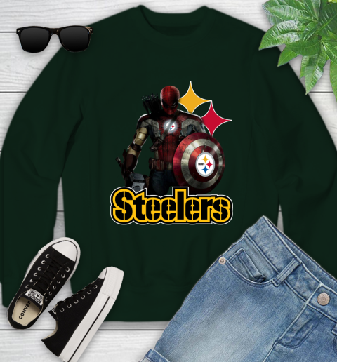 NFL Captain America Thor Spider Man Hawkeye Avengers Endgame Football Pittsburgh Steelers Youth Sweatshirt 10