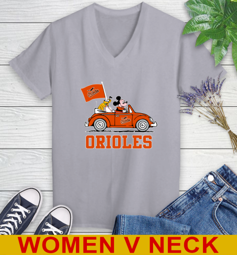 MLB Baseball Baltimore Orioles Pluto Mickey Driving Disney Shirt Women's V-Neck T-Shirt 5
