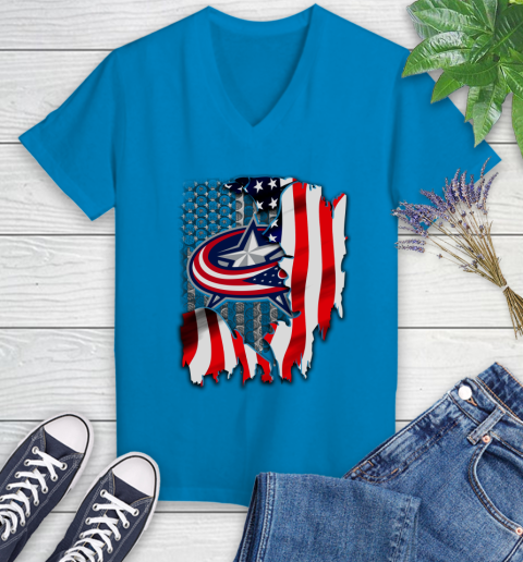 Columbus Blue Jackets NHL Hockey American Flag Women's V-Neck T-Shirt 7
