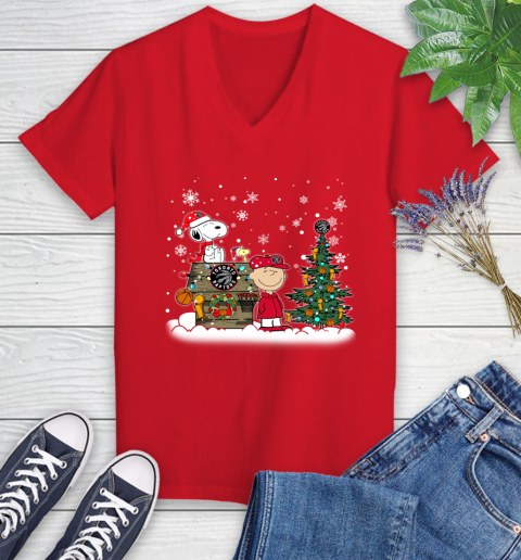 Toronto Raptors NBA Basketball Christmas The Peanuts Movie Snoopy Championship Women's V-Neck T-Shirt 11