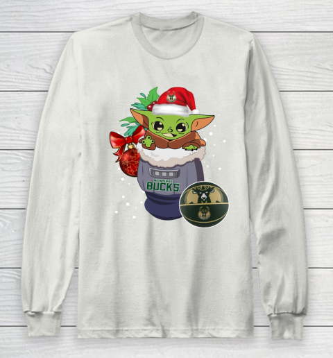 Milwaukee Bucks Christmas Baby Yoda Star Wars Funny Happy NBA Long Sleeve T-Shirt 12