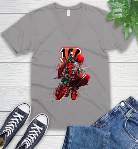 NFL Deadpool Marvel Comics Sports Football Cincinnati Bengals V-Neck T-Shirt 4