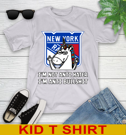 New York Rangers NHL Hockey Unicorn I'm Not Anti Hater I'm Anti Bullshit Youth T-Shirt 5