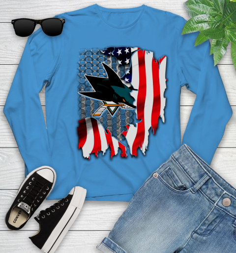 San Jose Sharks NHL Hockey American Flag Youth Long Sleeve 8