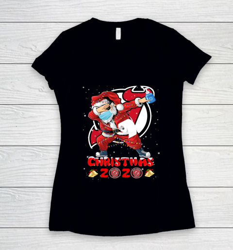 New Jersey Devils Funny Santa Claus Dabbing Christmas 2020 NHL Women's V-Neck T-Shirt