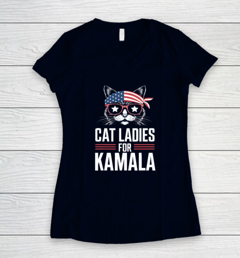 Cat Ladies for Kamala Funny Cat 2024 President Kamala Harris Women's V-Neck T-Shirt 2
