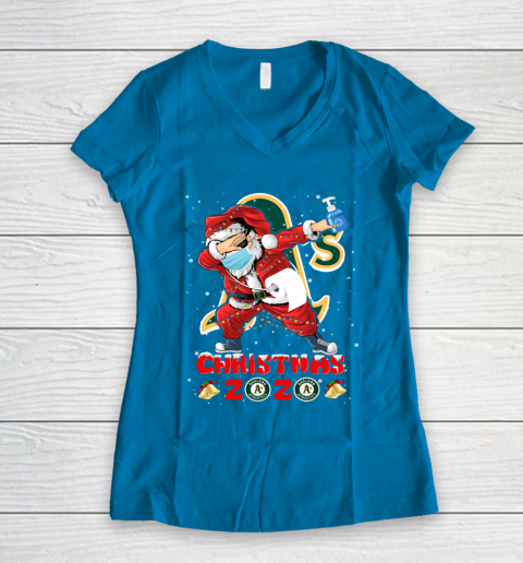 Oakland Athletics Funny Santa Claus Dabbing Christmas 2020 MLB Women's V-Neck T-Shirt 5