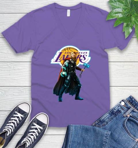 NBA Thor Avengers Endgame Basketball Los Angeles Lakers V-Neck T-Shirt 9