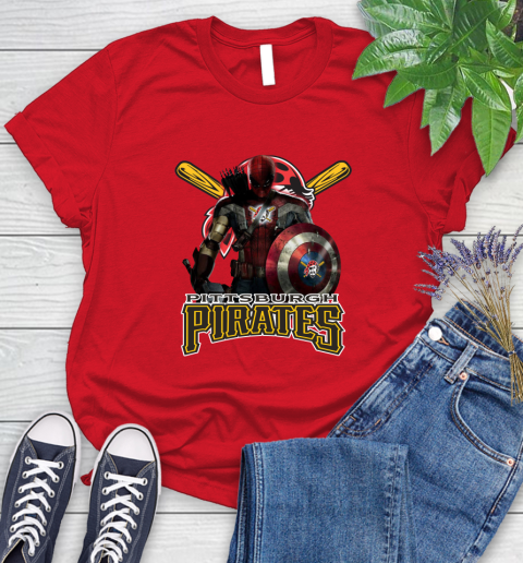 MLB Captain America Thor Spider Man Hawkeye Avengers Endgame Baseball Pittsburgh Pirates Women's T-Shirt 9