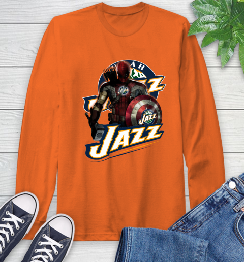 Utah Jazz NBA Basketball Captain America Thor Spider Man Hawkeye Avengers Long Sleeve T-Shirt 5