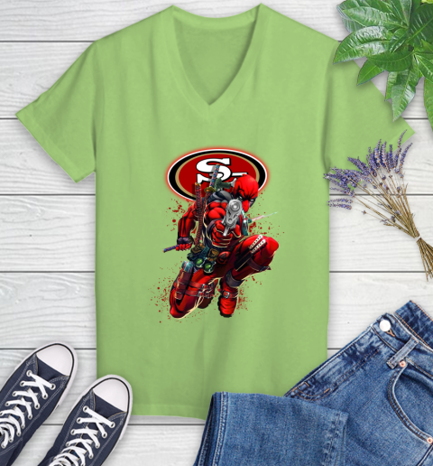 NFL Deadpool Marvel Comics Sports Football San Francisco 49ers Women's V-Neck T-Shirt 11