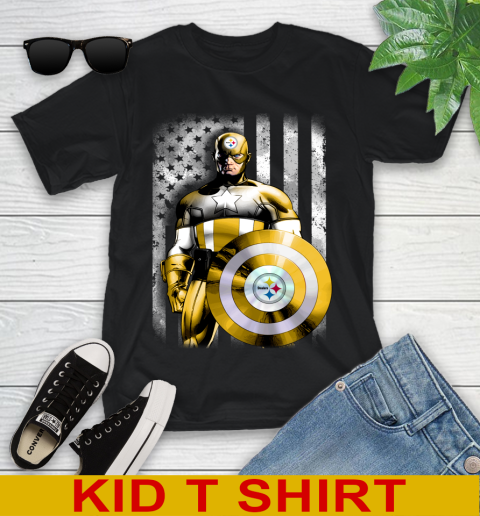 Pittsburgh Steelers NFL Football Captain America Marvel Avengers American Flag Shirt Youth T-Shirt