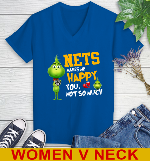 NBA Brooklyn Nets Makes Me Happy You Not So Much Grinch Basketball Sports Women's V-Neck T-Shirt 9