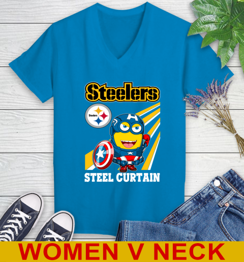 NFL Football Pittsburgh Steelers Captain America Marvel Avengers Minion Shirt Women's V-Neck T-Shirt 7