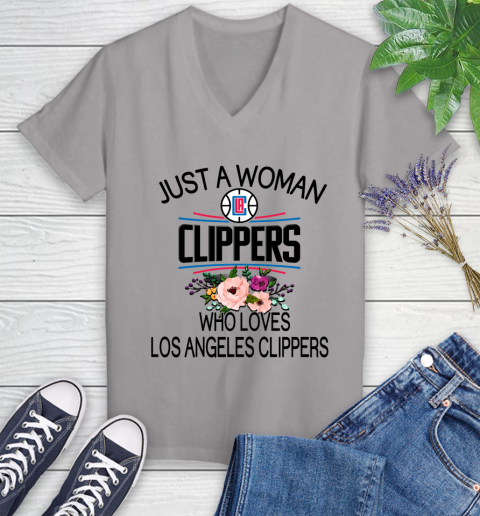 NBA Just A Woman Who Loves Los Angeles Clippers Basketball Sports Women's V-Neck T-Shirt 2
