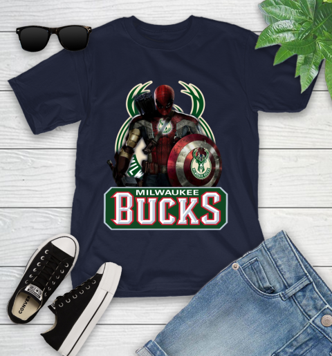 Milwaukee Bucks NBA Basketball Captain America Thor Spider Man Hawkeye Avengers Youth T-Shirt 3