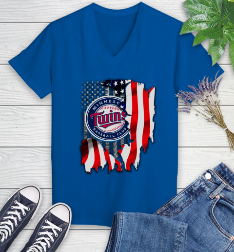 Minnesota Twins MLB Baseball American Flag Women's V-Neck T-Shirt 10