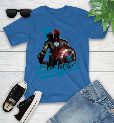 MLB Captain America Thor Spider Man Hawkeye Avengers Endgame Baseball Los Angeles Dodgers Youth T-Shirt 9