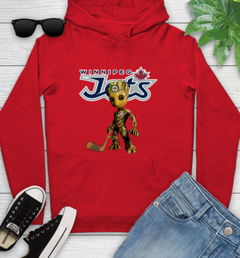 Winnipeg Jets NHL Hockey Groot Marvel Guardians Of The Galaxy Youth Hoodie Tee For Sports