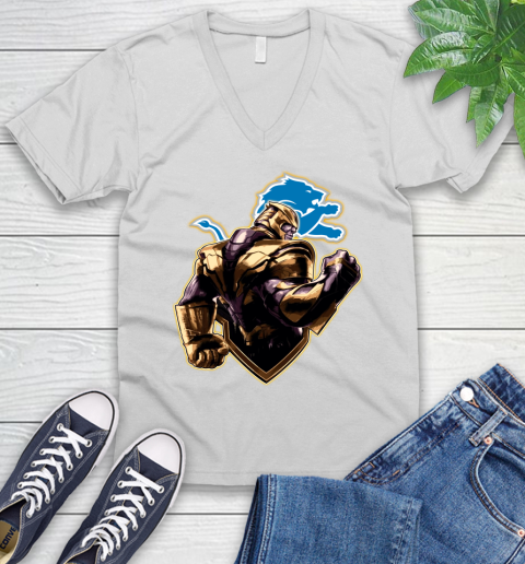 NFL Thanos Avengers Endgame Football Sports Detroit Lions V-Neck T-Shirt