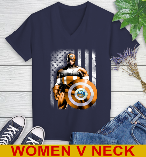 New York Islanders NHL Hockey Captain America Marvel Avengers American Flag Shirt Women's V-Neck T-Shirt 12