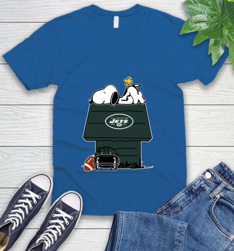 New York Jets NFL Football Snoopy Woodstock The Peanuts Movie V-Neck T-Shirt 6