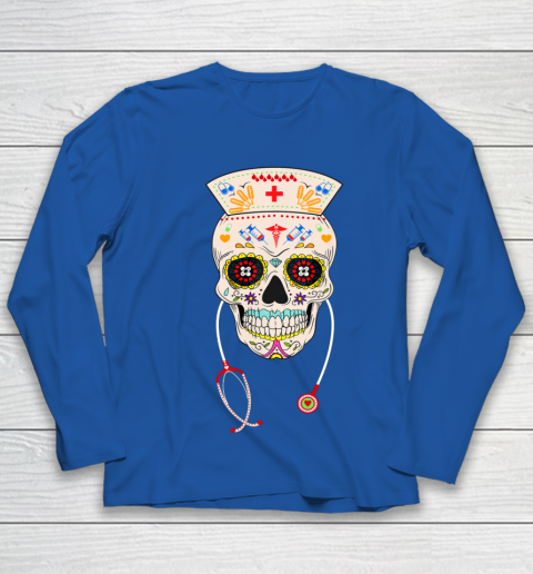 Nurse Sugar Skull Shirt Halloween Day Of The Dead Dia De Los Youth Long Sleeve 7