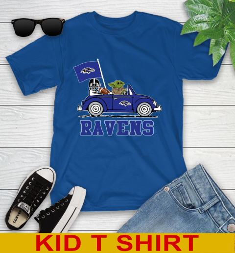 NFL Football Baltimore Ravens Darth Vader Baby Yoda Driving Star Wars Shirt Youth T-Shirt 9