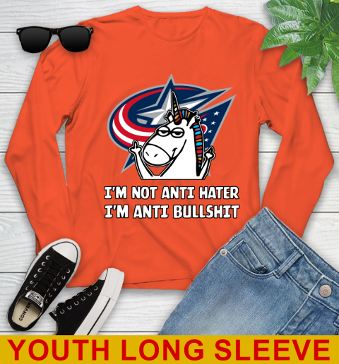 Columbus Blue Jackets NHL Hockey Unicorn I'm Not Anti Hater I'm Anti Bullshit Youth Long Sleeve 4