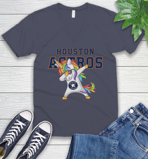 Houston Astros MLB Baseball Funny Unicorn Dabbing Sports V-Neck T-Shirt 9