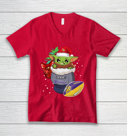 Minnesota Vikings Christmas Baby Yoda Star Wars Funny Happy NFL V-Neck T-Shirt 7