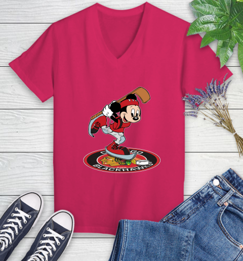 NHL Hockey Chicago Blackhawks Cheerful Mickey Disney Shirt Women's V-Neck T-Shirt 8