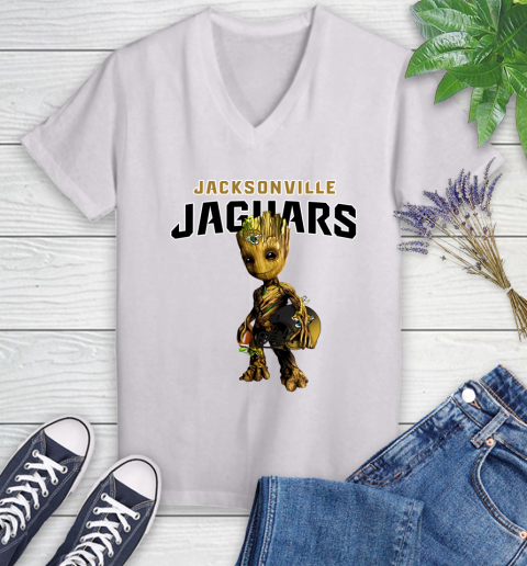 Jacksonville Jaguars NFL Football Groot Marvel Guardians Of The Galaxy Women's V-Neck T-Shirt