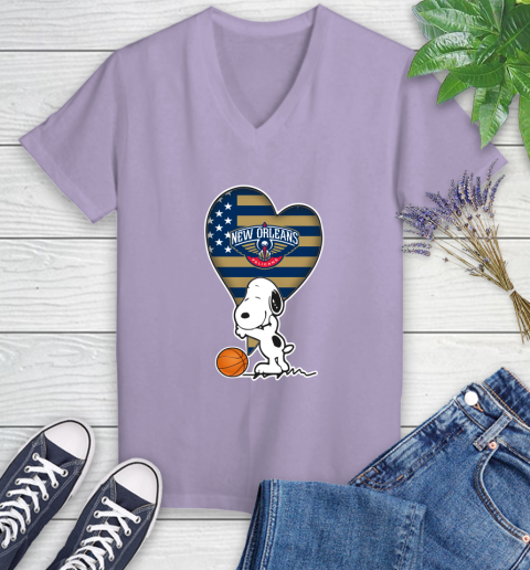 New Orleans Pelicans NBA Basketball The Peanuts Movie Adorable Snoopy Women's V-Neck T-Shirt 14