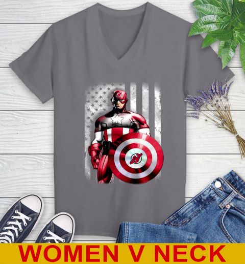 New Jersey Devils NHL Hockey Captain America Marvel Avengers American Flag Shirt Women's V-Neck T-Shirt - Image 12