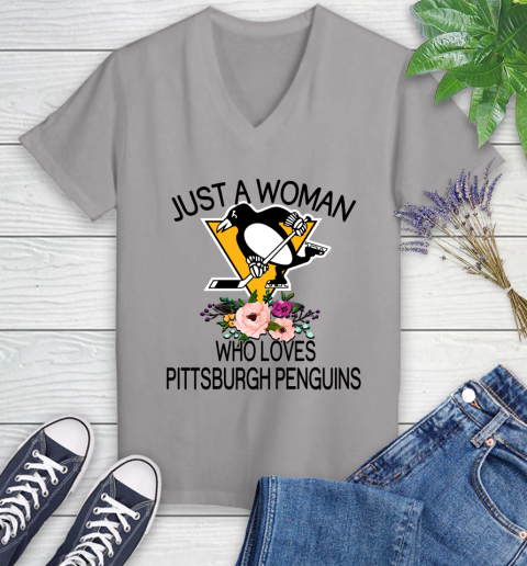 NHL Just A Woman Who Loves Pittsburgh Penguins Hockey Sports Women's V-Neck T-Shirt 2