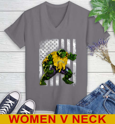 Los Angeles Chargers Hulk Marvel Avengers NFL Football American Flag Women's V-Neck T-Shirt 11