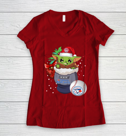 Toronto Blue Jays Christmas Baby Yoda Star Wars Funny Happy MLB Women's V-Neck T-Shirt 10