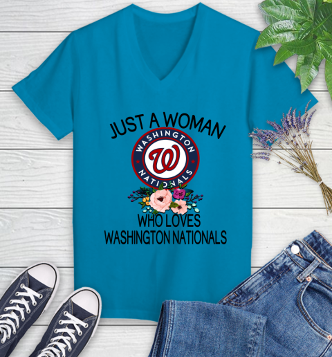 MLB Just A Woman Who Loves Washington Nationals Baseball Sports Women's V-Neck T-Shirt 4