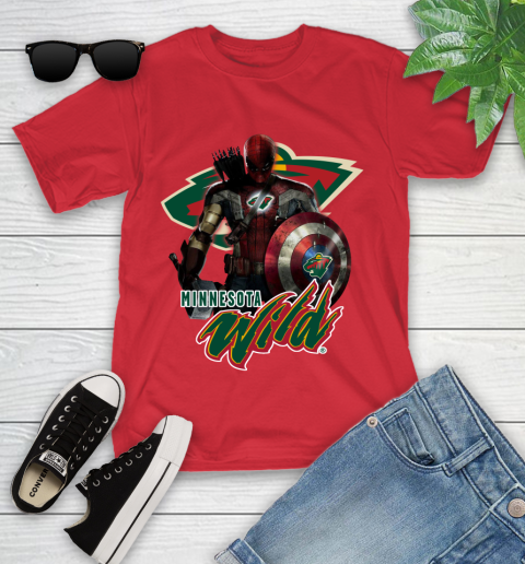 NHL Captain America Thor Spider Man Hawkeye Avengers Endgame Hockey Minnesota Wild Youth T-Shirt 10